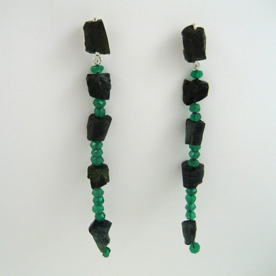 Dangling earrings. rough tourmaline and agate Daphne Meesters Jewellery Designer Goldsmith The Hague Netherlands
