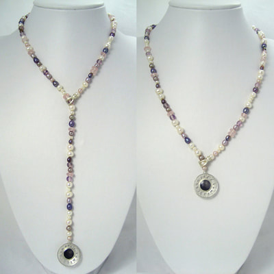 Pollard willows long beaded necklace multi wear jewel y-necklace long short two row  amethyst rosequartz shell pearls and sterling silver clasp with perforated willow pendant Daphne Meesters Jewellery Designer Goldsmith The Hague Netherlands