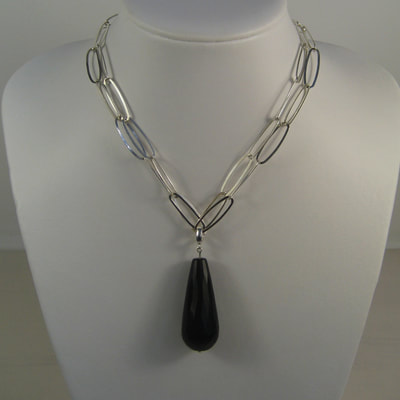 Oval chain necklace. multi wear jewel long short y-necklace sterling silver and huge onyx faceted drop Daphne Meesters Jewellery Designer Goldsmith The Hague Netherlands